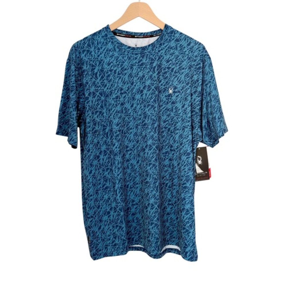 NWT Spyder Swim Mens Rash Guard Blue Geometric Web UPF30+ Quick Dry Shirt Size L